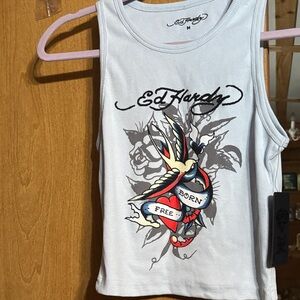 Ed Hardy light blue Crop Top with Multicolor Tattoo Graphic